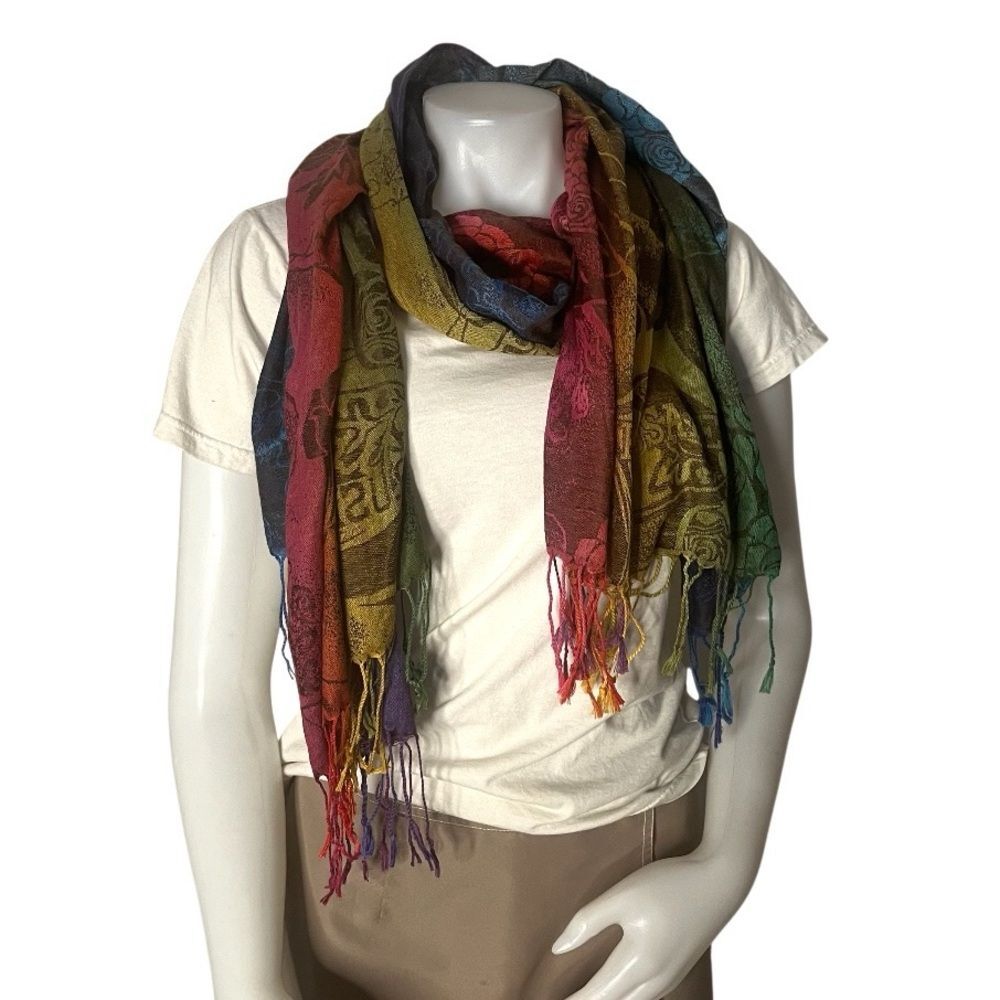 ISRAELI Pashmina Rainbow Colors Fringe Pashmina Silk Blend JERUSALEM Scarf